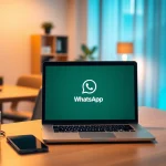 舒适办公室环境中，笔记本电脑上显示的 WhatsApp网页版界面，凸显现代沟通。