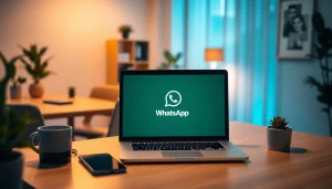 舒适办公室环境中，笔记本电脑上显示的 WhatsApp网页版界面，凸显现代沟通。