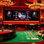 Kết quả bóng đá displayed on a large screen in a luxury casino while players engage in poker and roulette.