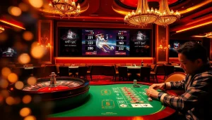 Kết quả bóng đá displayed on a large screen in a luxury casino while players engage in poker and roulette.