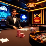 U888 users celebrate a winning hand at an elegant online casino table with interactive gaming elements.