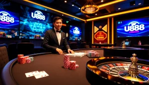 U888 users celebrate a winning hand at an elegant online casino table with interactive gaming elements.