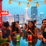 Find OnlyFans girls in my area at a lively rooftop bar scene, showcasing urban nightlife.