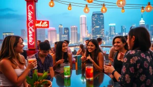 Find OnlyFans girls in my area at a lively rooftop bar scene, showcasing urban nightlife.