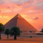 Explore the majestic piraminds of Giza under a vibrant sunset sky with warm hues.