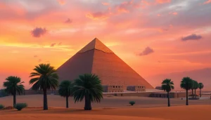 Explore the majestic piraminds of Giza under a vibrant sunset sky with warm hues.