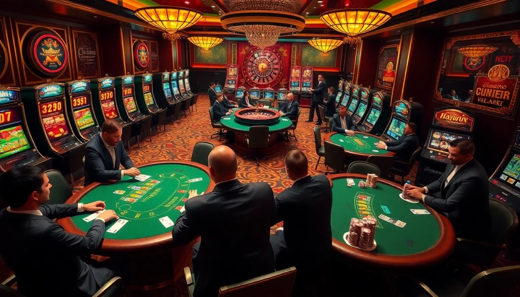 Excited players at a Haywin-themed casino table engage in blackjack, showcasing chips and cards.