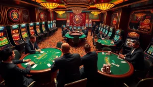Excited players at a Haywin-themed casino table engage in blackjack, showcasing chips and cards.