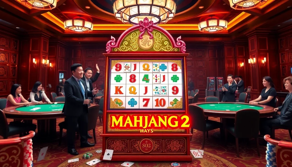 Adegan menarik para pemain yang menikmati Mahjong Ways 2 di kasino, menggambarkan kegembiraan dan visual yang hidup.