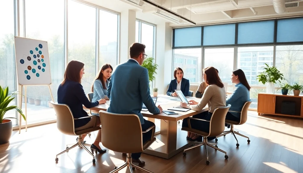 Business coach near me guiding a team in a bright office environment, fostering collaboration and growth.