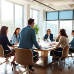 Business coach near me guiding a team in a bright office environment, fostering collaboration and growth.