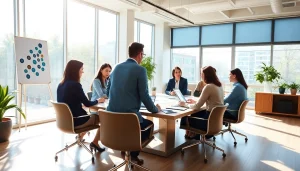 Business coach near me guiding a team in a bright office environment, fostering collaboration and growth.