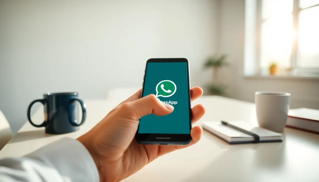User interacting with FM WhatsApp app on smartphone in a modern workspace.