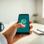 User interacting with FM WhatsApp app on smartphone in a modern workspace.