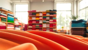 Bekijk de kleurrijke texturen van poplin stof in een goed verlichte showroom.