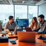 zirvegrupbilgisayar teknoloji çözümleri sunan modern ofis ortamında ekibin işbirliği yapması.