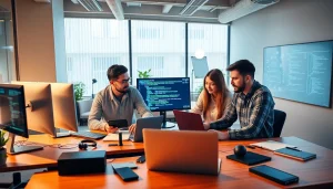 zirvegrupbilgisayar teknoloji çözümleri sunan modern ofis ortamında ekibin işbirliği yapması.