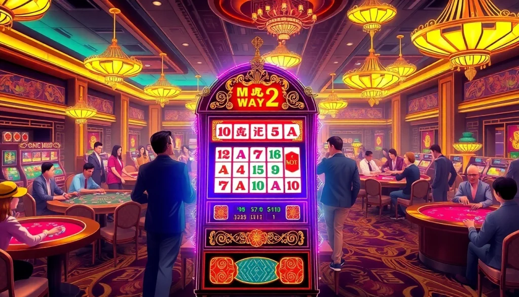 Mahjong Ways 2 slot machine attracting players in an exciting casino atmosphere with vibrant lights.