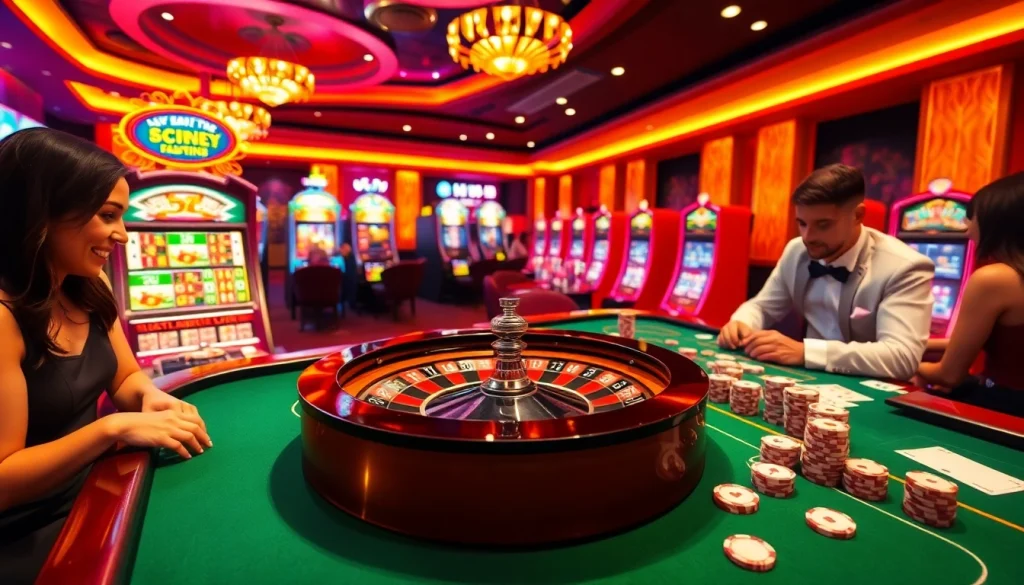 Exciting casino scene at https:/sc88.bz/ featuring roulette wheel, poker table, and enthusiastic gamblers.
