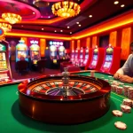 Exciting casino scene at https:/sc88.bz/ featuring roulette wheel, poker table, and enthusiastic gamblers.