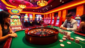 Exciting casino scene at https:/sc88.bz/ featuring roulette wheel, poker table, and enthusiastic gamblers.