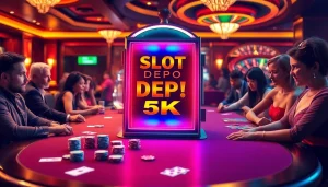 Rasakan sensasi Slot Depo 5K bersama para pemain dalam suasana kasino mewah yang menampilkan mesin slot dan permainan poker.