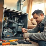 Expert HVAC technician conducting furnace repair patterson ny with tools and furnace components.