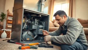 Expert HVAC technician conducting furnace repair patterson ny with tools and furnace components.