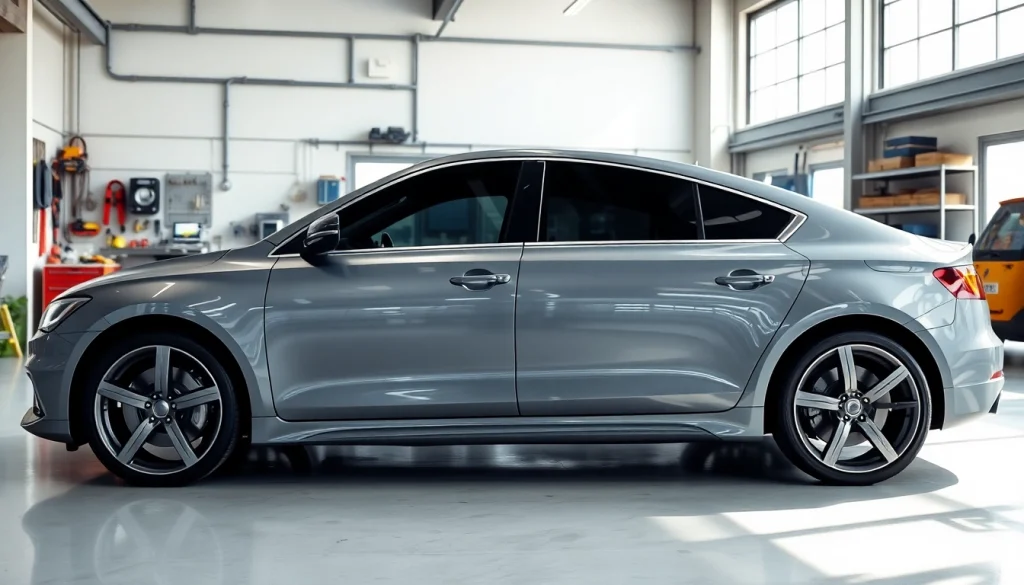 Tinting process for auto window tint near me with a sleek vehicle in a modern garage.