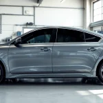 Tinting process for auto window tint near me with a sleek vehicle in a modern garage.
