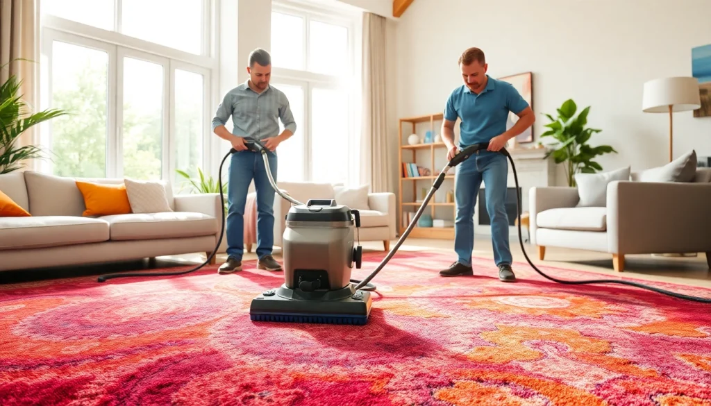 Local carpet cleaners demonstrating effective cleaning techniques in a bright home setting.