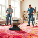 Local carpet cleaners demonstrating effective cleaning techniques in a bright home setting.