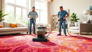 Local carpet cleaners demonstrating effective cleaning techniques in a bright home setting.