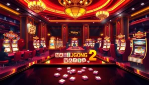 Players enjoying Mahjong Ways 2 slot game in a vibrant casino setting with decorative lights.