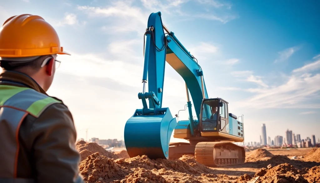 Rent excavators efficiently at an excavation site with workers and a dynamic urban background.