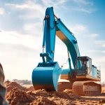 Rent excavators efficiently at an excavation site with workers and a dynamic urban background.