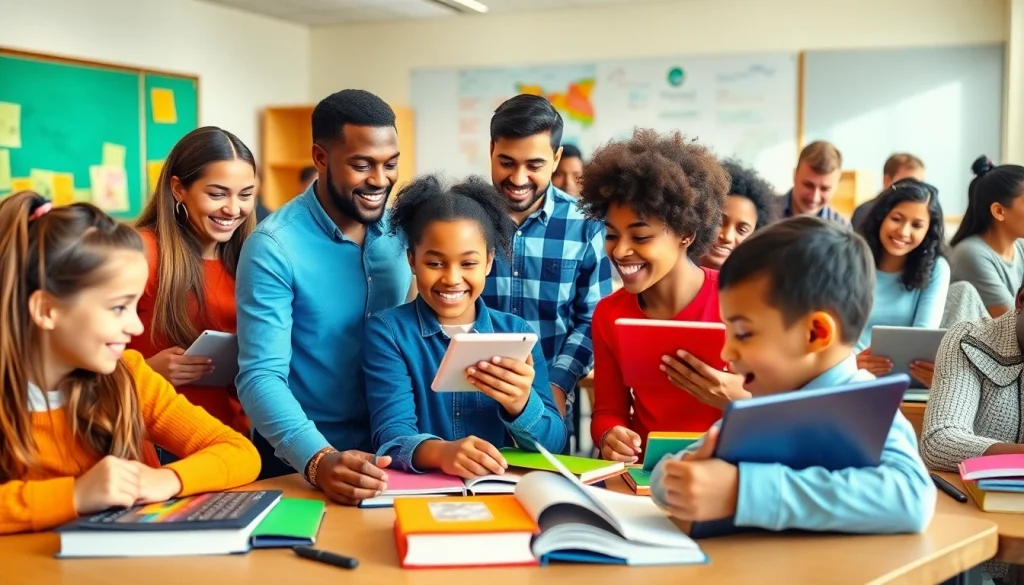 Students engaging in collaborative education activities in a modern classroom setting.