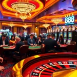 Man88 casino scene with engaged players at roulette and poker tables.