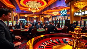 Man88 casino scene with engaged players at roulette and poker tables.