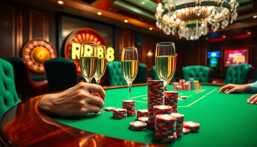 Engaging poker scene showing RR88-themed chips and cards in a high-stakes game.