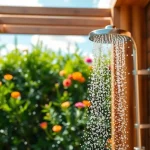 Enjoy a sunny shower in a beautifully designed outdoor setting surrounded by lush greenery.