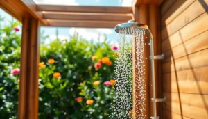 Enjoy a sunny shower in a beautifully designed outdoor setting surrounded by lush greenery.