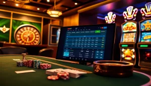 SBOBET online betting scene showcasing poker, roulette, and slot machines in a luxurious casino atmosphere.