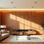 Showcasing interior wall paneling with textured wooden finishes in a modern living room.