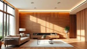Showcasing interior wall paneling with textured wooden finishes in a modern living room.