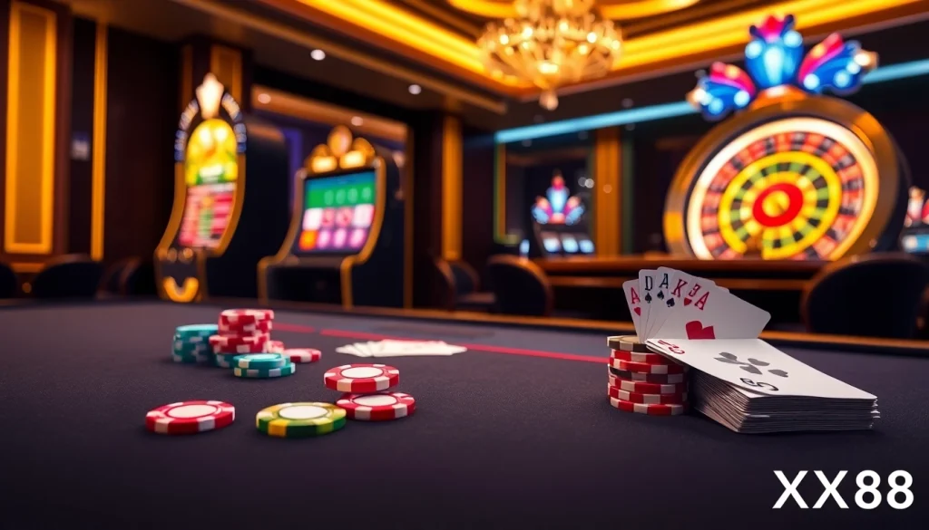 Experience high-stakes play at XX88 with vibrant poker chips and a luxurious roulette wheel.