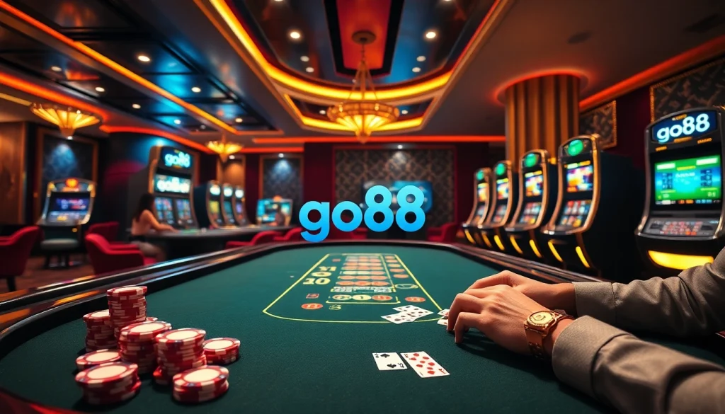 Experience high-stakes gaming at go88 with immersive casino visuals featuring poker and slot machines.