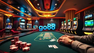 Experience high-stakes gaming at go88 with immersive casino visuals featuring poker and slot machines.