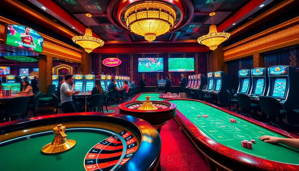 Exciting casino scene showcasing trực tiếp bóng đá on large screens, players engrossed in poker and roulette.