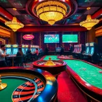 Exciting casino scene showcasing trực tiếp bóng đá on large screens, players engrossed in poker and roulette.